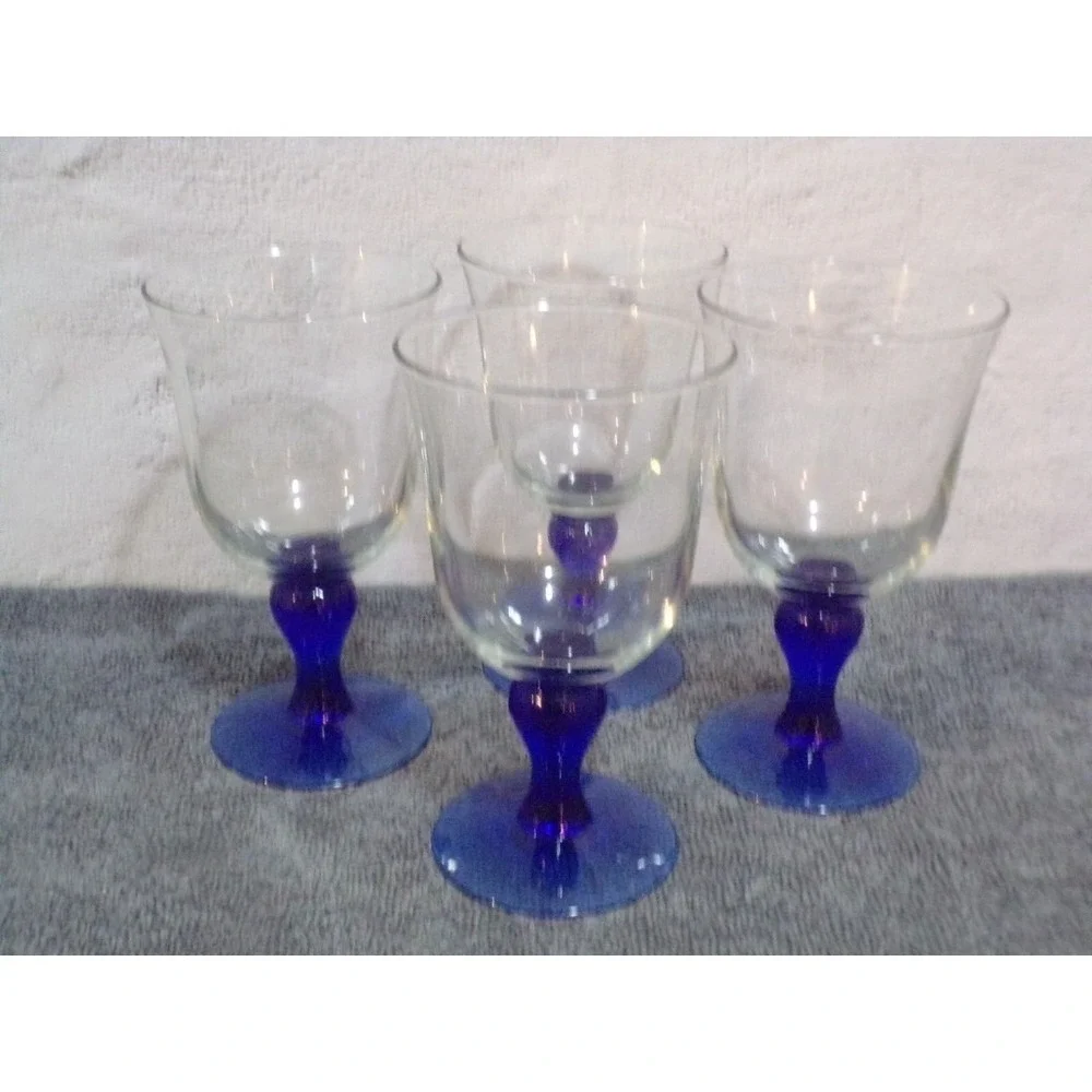Colbalt Blue Turned Stem Water or Wine Glasses‎ Set of 4